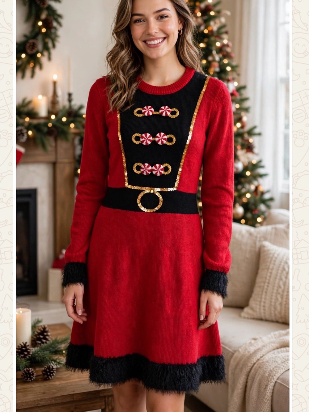 Vintage Women Unique Red Nutcracker-Style Holiday knit Ugly Christmas Dress